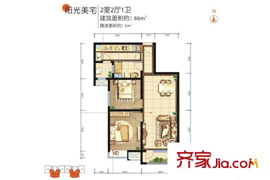 西安富力白鷺灣7、11、12號樓陽光美宅戶型 2室2廳1衛(wèi)1廚