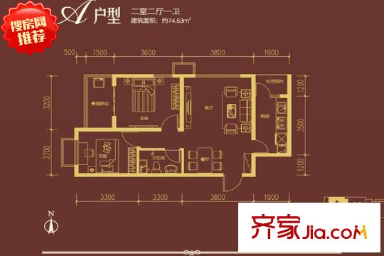 鼎正?大都城9號(hào)、10號(hào)A戶型圖 2室2廳1衛(wèi)1廚