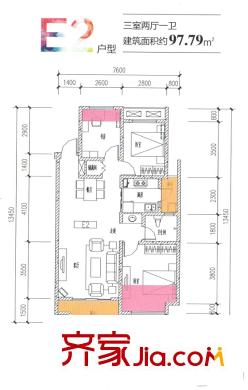 保利?曲江春天里4號樓E2戶型 3室2廳1衛(wèi)1廚