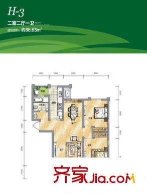 涇渭分明?生態(tài)半島H-3戶型 2室2廳1衛(wèi)1廚