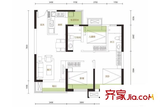合能十里錦繡鳶尾花A11戶型 3室2廳2衛(wèi)1廚