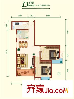 融尚?中央住區(qū)5#D戶型 2室2廳1衛(wèi)1廚