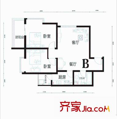 雙威理想城二期84平戶型B 2室1廳1衛(wèi)1廚