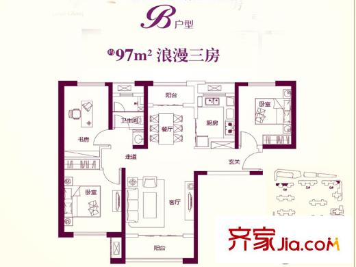 保利?金香檳4-12號樓B戶型 3室2廳1衛(wèi)1廚