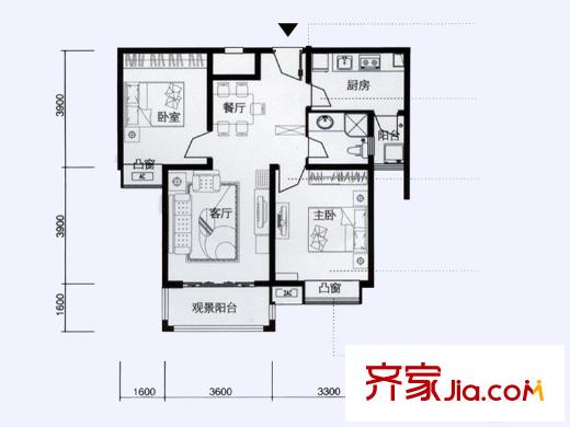 鴻基新城沁園一期B戶型 2室2廳1衛(wèi)1廚