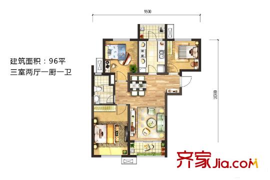 萬科?金色悅城48號樓96平戶型 3室2廳1衛(wèi)1廚