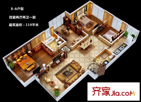 長(zhǎng)興?園湖曲二期8-A戶型 4室2廳2衛(wèi)1廚