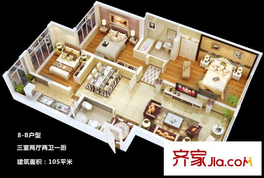 長興?園湖曲二期8-B戶型 3室2廳2衛(wèi)1廚