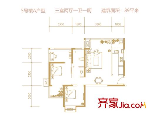 長興?園湖曲5#/7#樓A戶型圖 3室2廳1衛(wèi)1廚