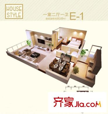 中寶北岸美域戶型圖10#/13#E-1戶型 1室2廳1衛(wèi)1廚