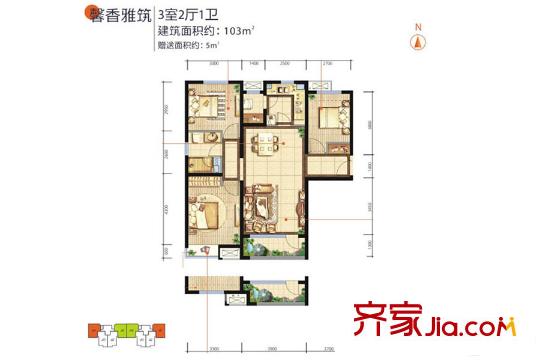 西安富力白鷺灣7、11、12號樓馨香雅筑戶型 3室2廳1衛(wèi)1廚