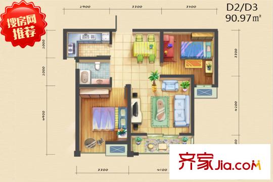 涇渭分明?生態(tài)半島D2/D3戶型 2室2廳1衛(wèi)1廚