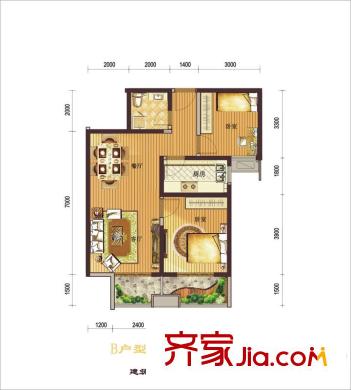 西紡逸品園戶型圖1號樓B戶型 2室2廳1衛(wèi)1廚