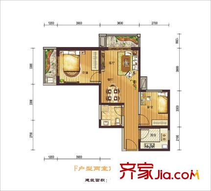 西紡逸品園戶(hù)型圖1號(hào)樓F戶(hù)型 2室2廳1衛(wèi)1廚
