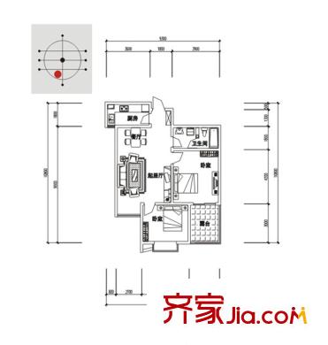 新界（長安）戶型圖D戶型 2室2廳1衛(wèi)1廚
