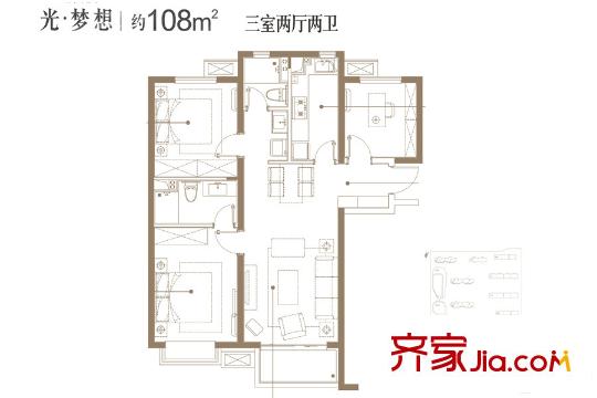 萬(wàn)科?城市之光光?夢(mèng)想戶型 3室2廳2衛(wèi)1廚