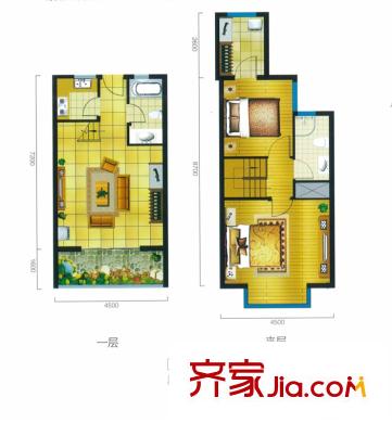 上上公館46.33平米戶型圖 2室2廳2衛(wèi)1廚