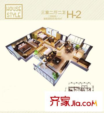 中寶北岸美域戶型圖10#H-2戶型 3室2廳2衛(wèi)1廚