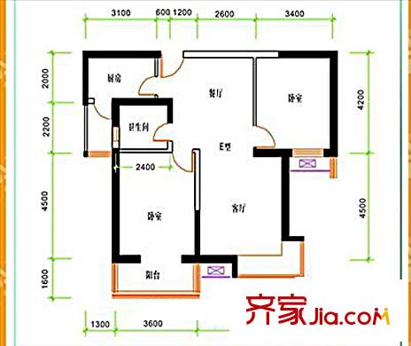 愛(ài)菊佳園戶型圖E戶型 2室2廳1衛(wèi)1廚