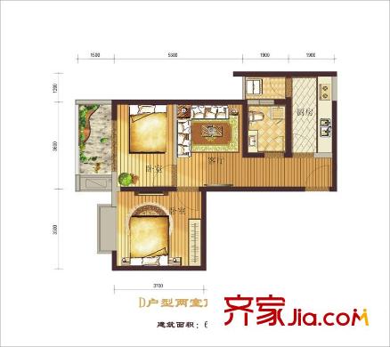 西紡逸品園戶型圖1號樓D戶型 2室2廳1衛(wèi)1廚
