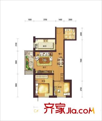 西紡逸品園戶(hù)型圖1號(hào)樓C戶(hù)型 2室2廳1衛(wèi)1廚