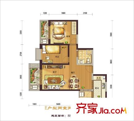 西紡逸品園戶型圖1號樓E戶型 2室2廳1衛(wèi)1廚