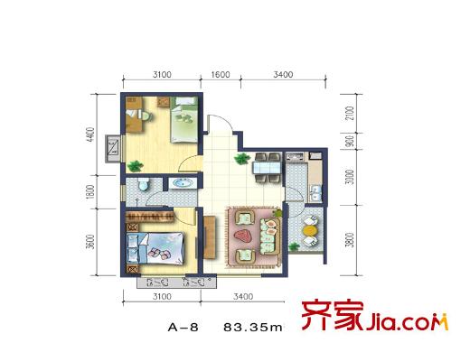 紅東花園戶型圖A8戶型 2室2廳1衛(wèi)1廚