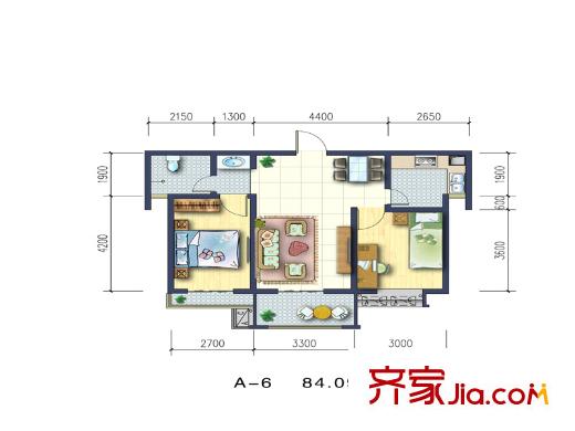 紅東花園戶型圖A6戶型 2室2廳1衛(wèi)1廚