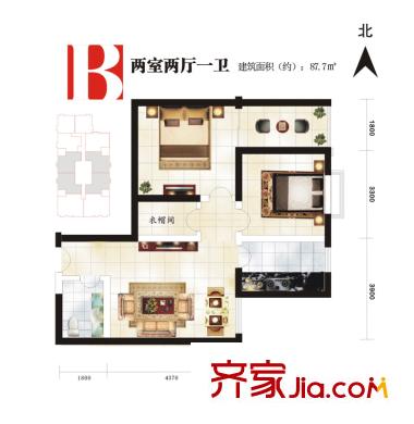 東城夕鷲戶型圖B戶型 2室2廳1衛(wèi)1廚