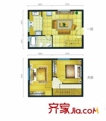 上上公館36.62平米戶型圖 2室1廳1衛(wèi)1廚
