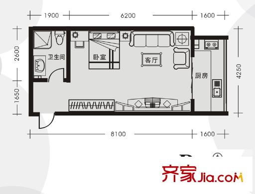 創(chuàng)鴻果粒城D戶型 1室1廳1衛(wèi)1廚