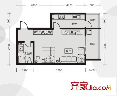 創(chuàng)鴻果粒城E戶型 1室1廳1衛(wèi)1廚