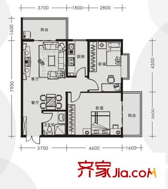 創(chuàng)鴻果粒城F戶型 2室2廳1衛(wèi)1廚