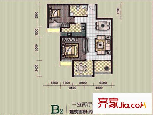 航天逸居戶型圖B2戶型 3室2廳1衛(wèi)1廚