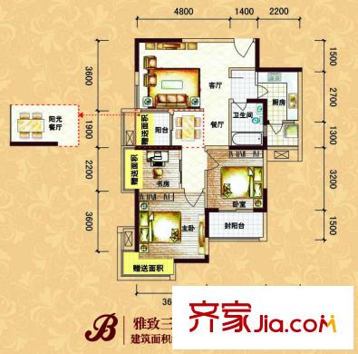 楓韻潤園戶型圖B戶型標(biāo)準(zhǔn)層戶型圖 3室2廳1衛(wèi)1廚