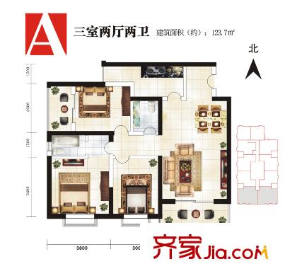 東城夕鷲戶型圖A戶型 3室2廳2衛(wèi)1廚