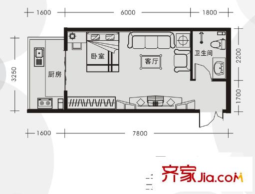 創(chuàng)鴻果粒城I戶型 1室1廳1衛(wèi)1廚