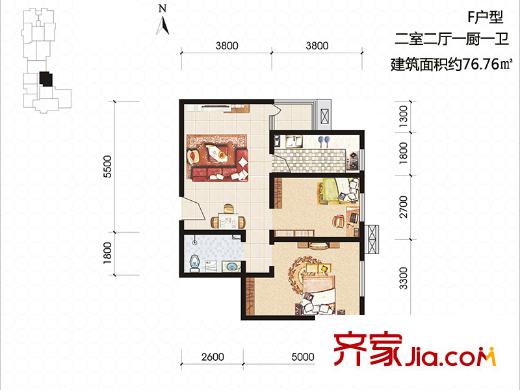太乙嘉園2號樓F戶型 2室2廳1衛(wèi)1廚