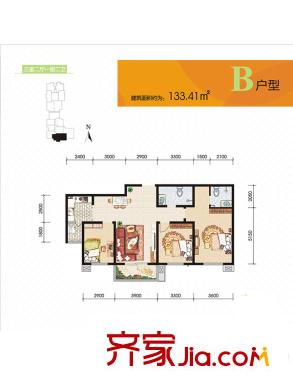 太乙嘉園2號樓B戶型 3室2廳2衛(wèi)1廚