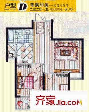 蘋果城戶型圖D戶型蘋果印象 2室2廳1衛(wèi)1廚