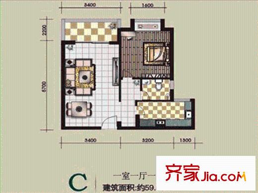 航天逸居戶型圖C戶型 1室2廳1衛(wèi)1廚