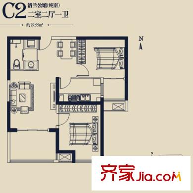 浩華香頌國際城C2戶型 2室2廳1衛(wèi)1廚