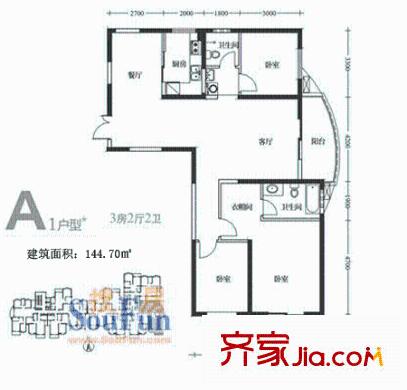 蔚藍(lán)風(fēng)景戶型圖A1戶型圖 3室2廳2衛(wèi)1廚