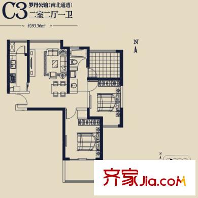 浩華香頌國際城C3戶型 2室2廳1衛(wèi)1廚