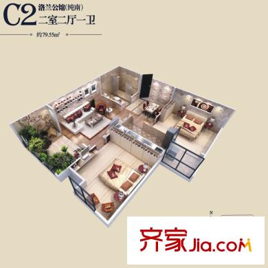 浩華香頌國際城C2戶型 2室2廳1衛(wèi)1廚