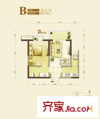 銘城16號5號樓B戶型 1室1廳1衛(wèi)1廚