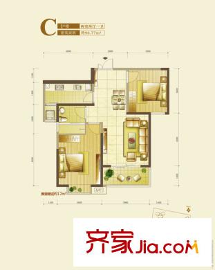 銘城16號1號樓C戶型 2室2廳1衛(wèi)1廚