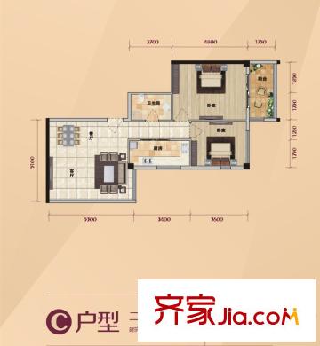 半坡國際廣場1-4號樓C戶型 2室2廳1衛(wèi)1廚