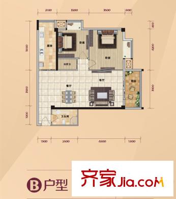 半坡國際廣場1-4號樓B戶型 2室2廳1衛(wèi)1廚
