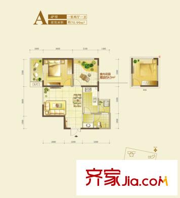 銘城16號4號樓A戶型 1室2廳1衛(wèi)1廚